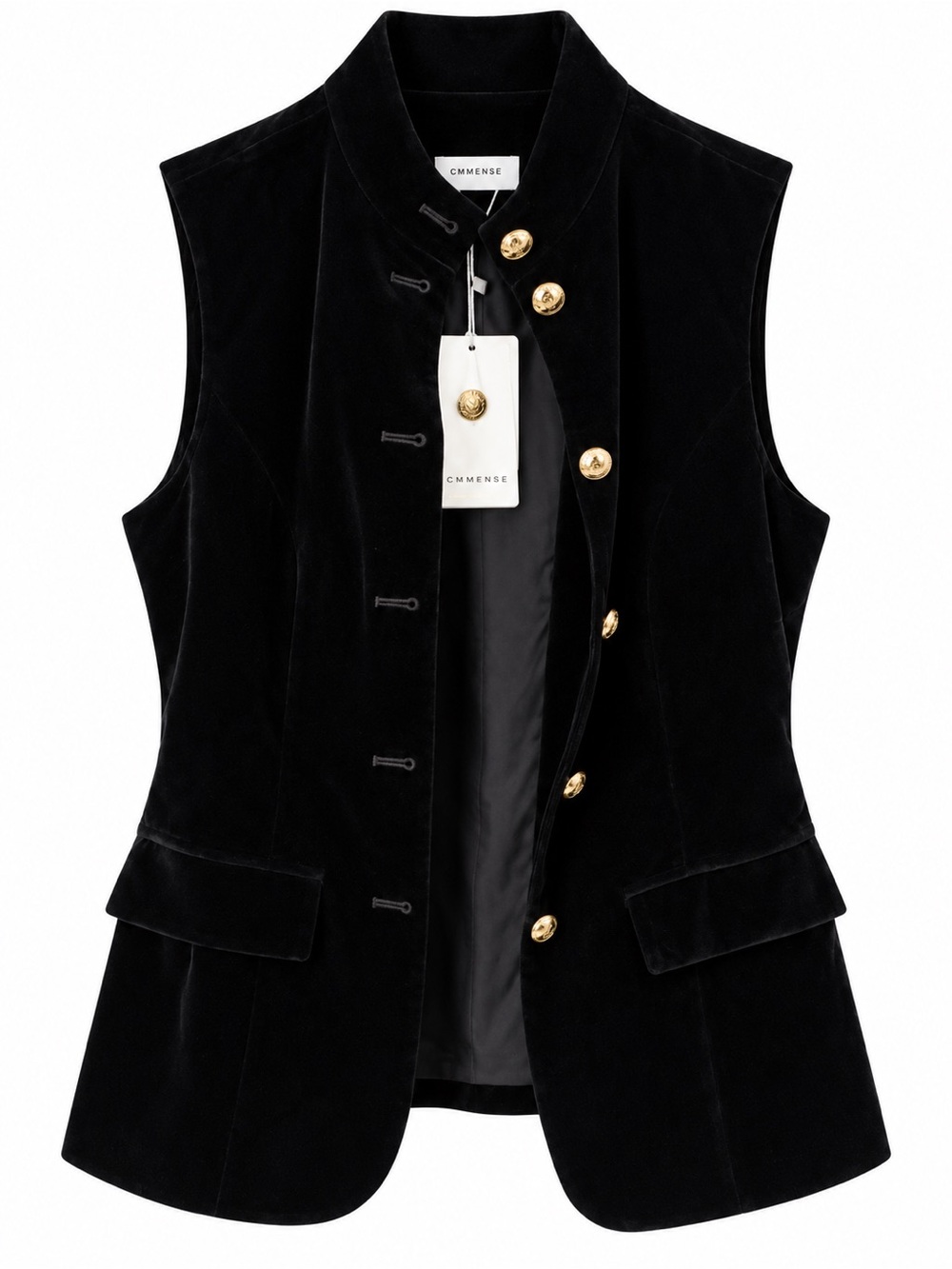 Commense Black Velvet Sleeveless Vest with Gold Buttons